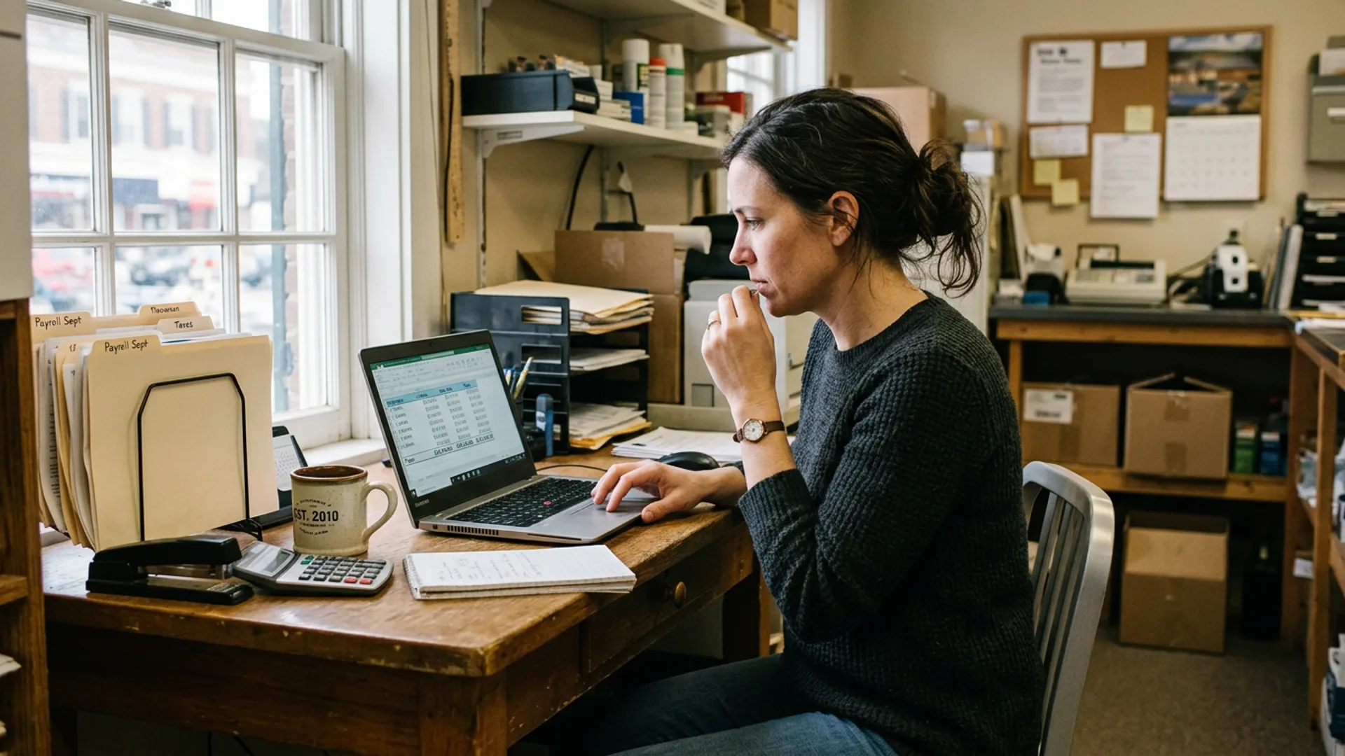 Small business owner reviewing payroll at a laptop